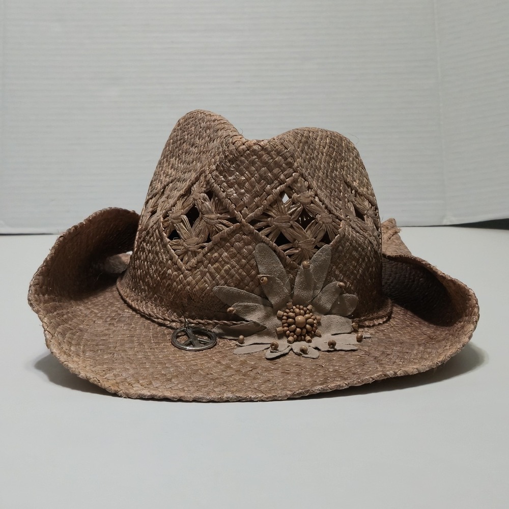 Peter Grimm Straw Cowboy Hat Womens Flower Peace Charm Western Cowgirl Sun Beach